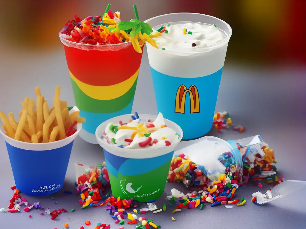 The image shows a close-up of the 3-Color Bualoy Sundae from McDonald's Thailand. The sundae is served in a clear plastic cup and topped with three distinctively flavoured colourful Bualoy balls - pandan, butterfly pea and roselle - on top of a bed of creamy vanilla soft serve. The dessert is garnished with a wafer stick that has McDonald's logo on top.