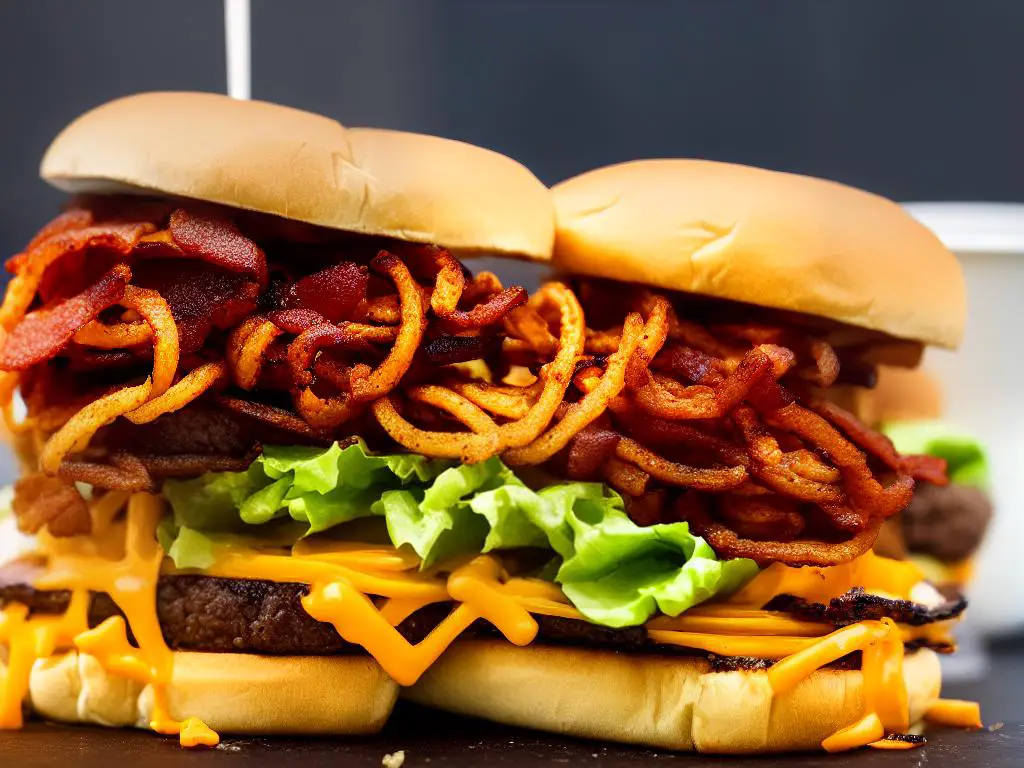 A picture of a McDonald's BBQ Bandit Burger, which has a beef patty, BBQ sauce, onion strings, bacon and cheese.