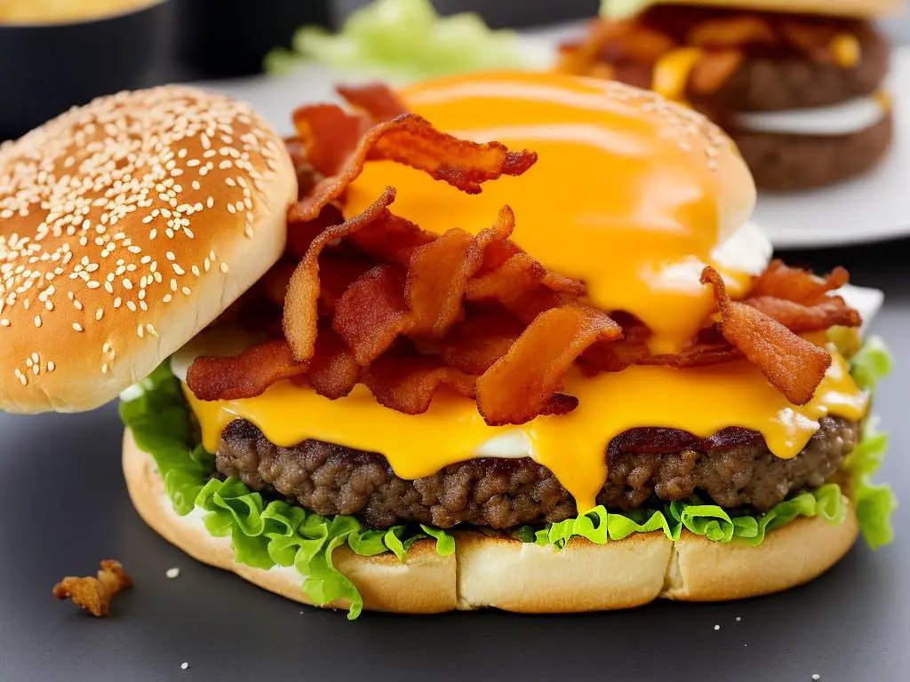 The McDonald's Australia Big Brekkie Burger - a burger that consists of a hash brown, rasher of bacon, a slice of melted cheese, a fried egg, and a 100% Aussie beef patty, all topped with BBQ sauce and sandwiched between two sesame seed buns.