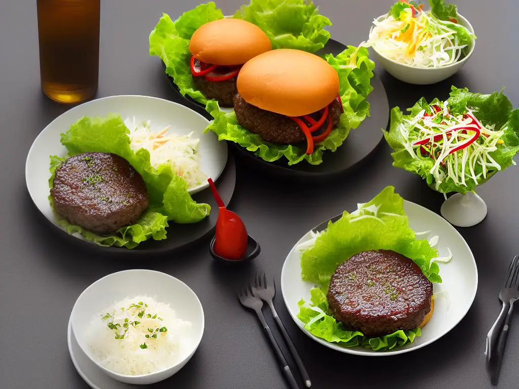 A picture of the Bu Su Zhi Ba Double Layer Beef Burger, showcasing the stacked presentation and generous helping of lettuce.