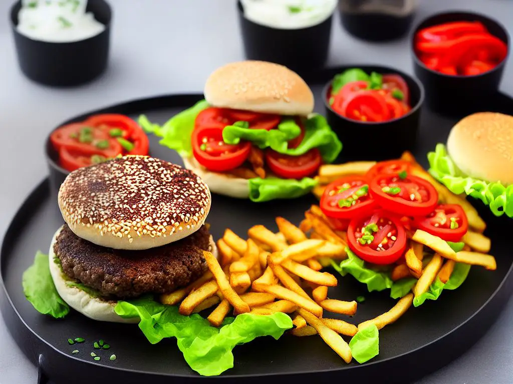 A photo of McDonald's Bulgogi Burger with a thick patty marinated with bulgogi sauce and assembled with lettuce, tomato, sauce, and sesame seed buns on a tray with fries and a drink on the side.