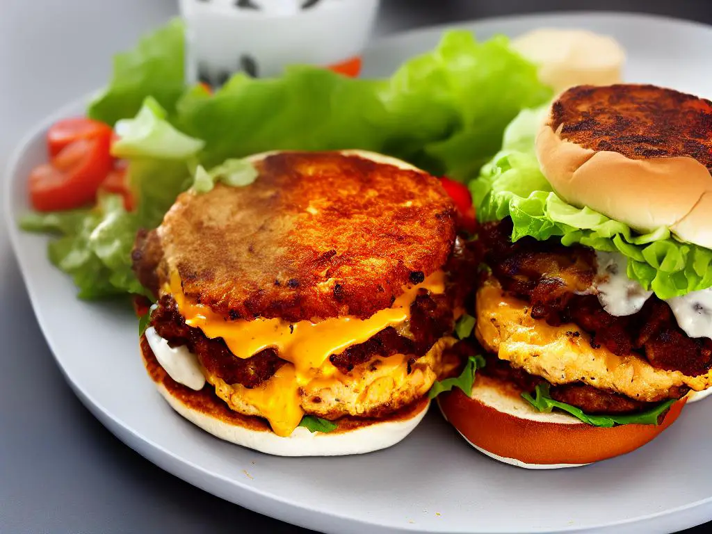 A picture of the Chicken & Egg Burger, showing a warm bun with chicken and omelette patty, with lettuce and cheese, with a side view of the burger