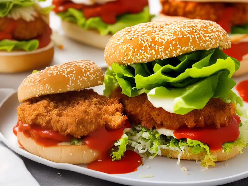 A picture of a McDonald's Chicken Parmesan Burger with a crispy golden chicken patty, a slice of melted cheese, lettuce and marinara sauce piled between two sesame seed buns.