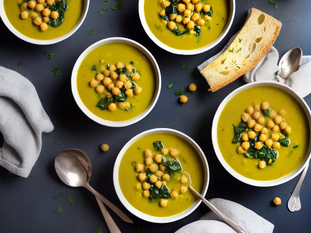 A bowl of Chickpea and Spinach Soup with a spoon on the side