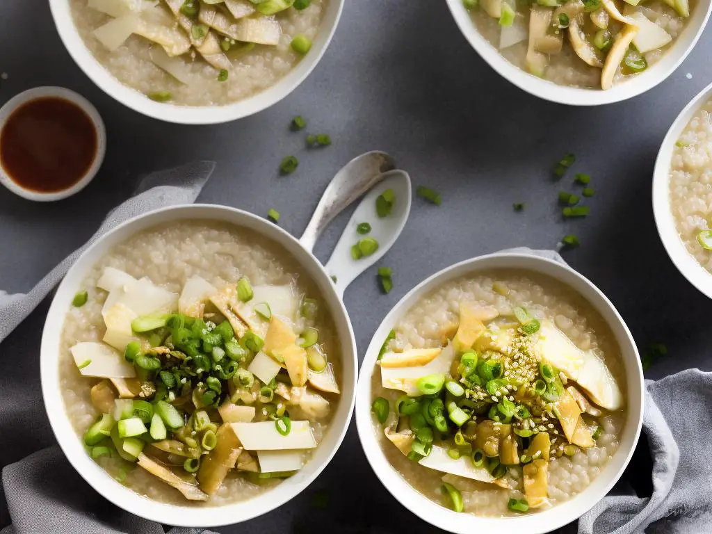 A bowl of congee with pickled cabbage and bamboo shoots on top