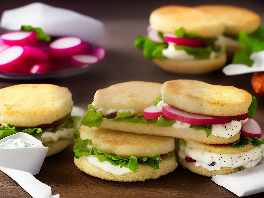 A picture of the Cottage Cheese and Radish McMuffin in McDonald's Poland with a combination of cottage cheese and radish in between an English muffin.