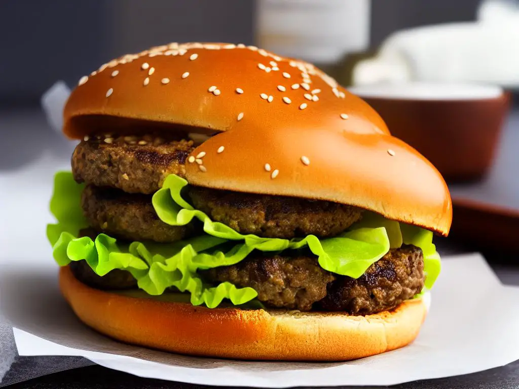 A picture of a McDonald's Spain burger with three patties, lettuce, cheese, and sauce in a bun with sesame seeds.