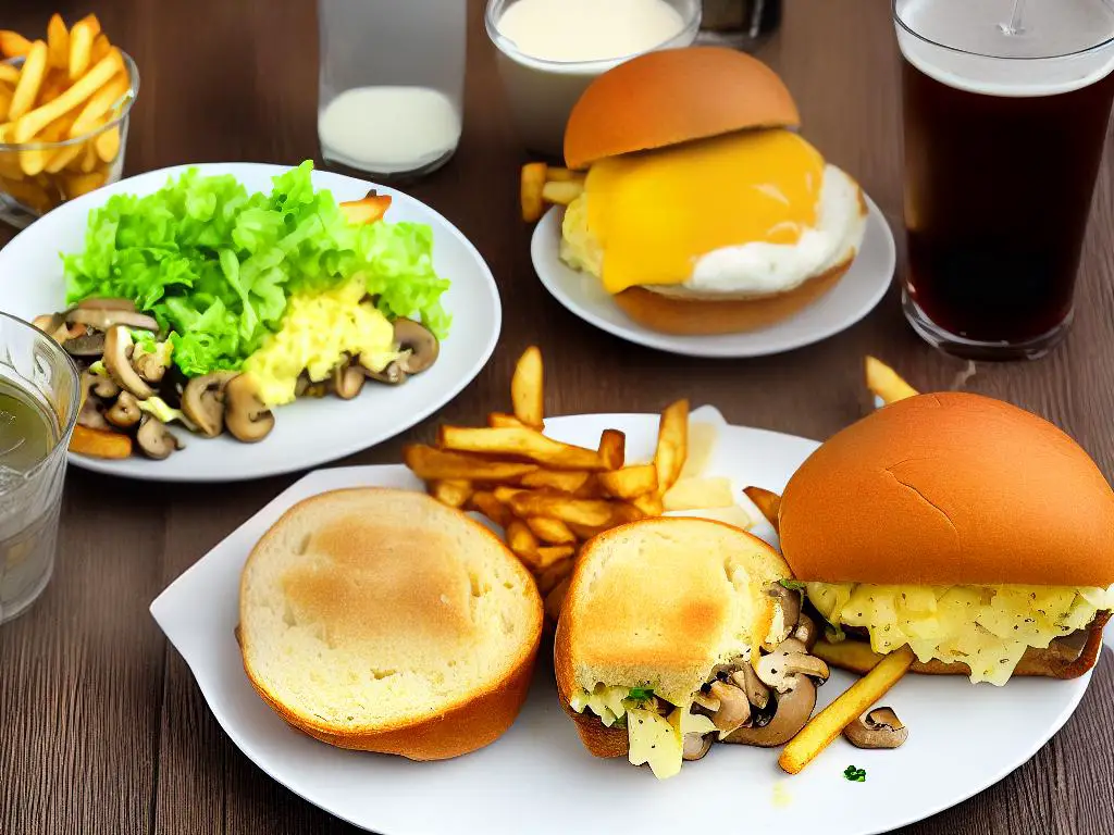 The Egg & Mushroom Kaiser Roll is a sandwich with a sliced Kaiser Roll as the base and is filled with scrambled eggs, mushrooms, cheese, and onions. It is served with a side of fries and a drink.