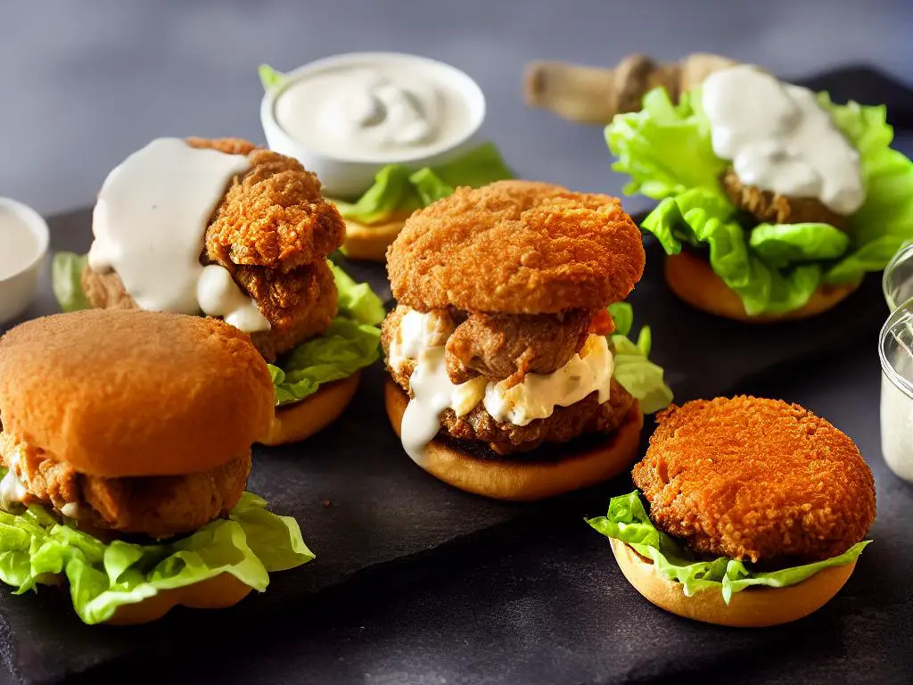 A photo of a Fried Chicken Drumstick Burger, with a whole fried chicken drumstick, lettuce, and mayonnaise, enclosed in a fluffy bun.