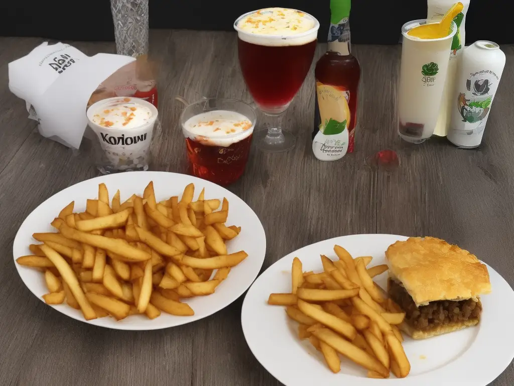 A picture of a Georgie Pie meal consisting of a meat pie and fries with a drink.