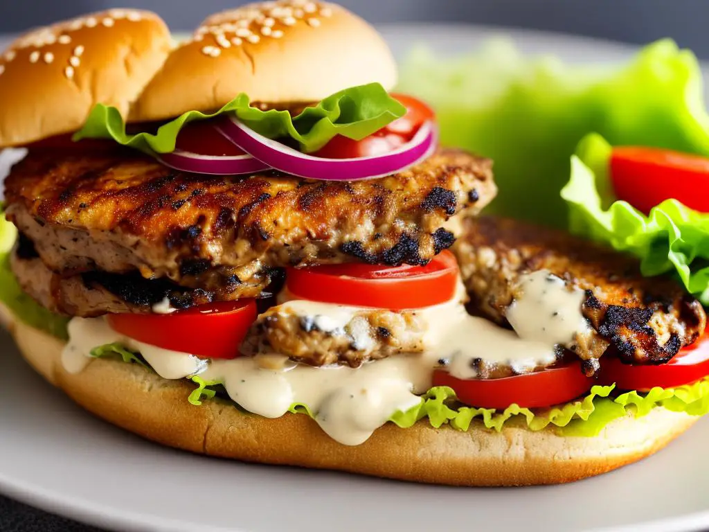The image shows a delicious burger with a grilled chicken breast, lettuce, tomatoes, red onions, a slice of Swiss cheese, and cream cheese sauce nestled in a sesame seed bun.