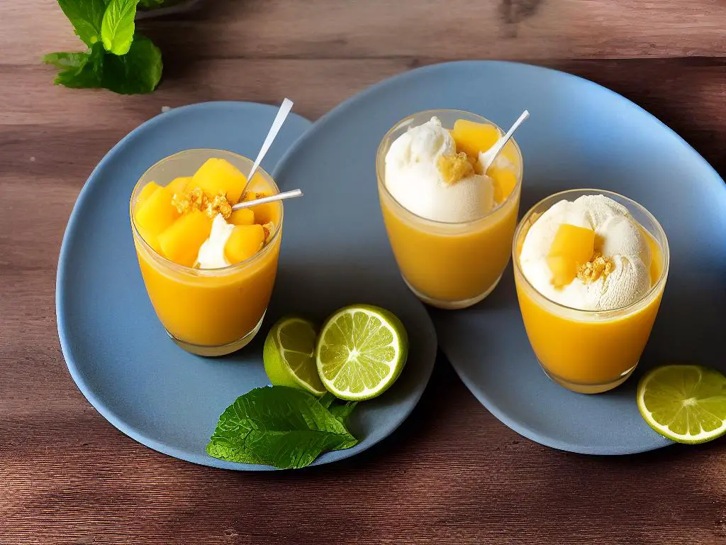 A glass of Sprite X Mango McFloat with mango ice cream on top, sits on a wooden table with a tropical background of palm trees and blue skies.