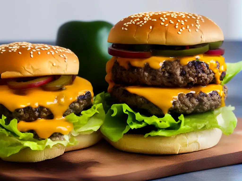 A picture of a Jalapeno Double Burger with two beef patties, lettuce, jalapeno slices and cheddar cheese on top. The burger is served on a sesame seed bun.