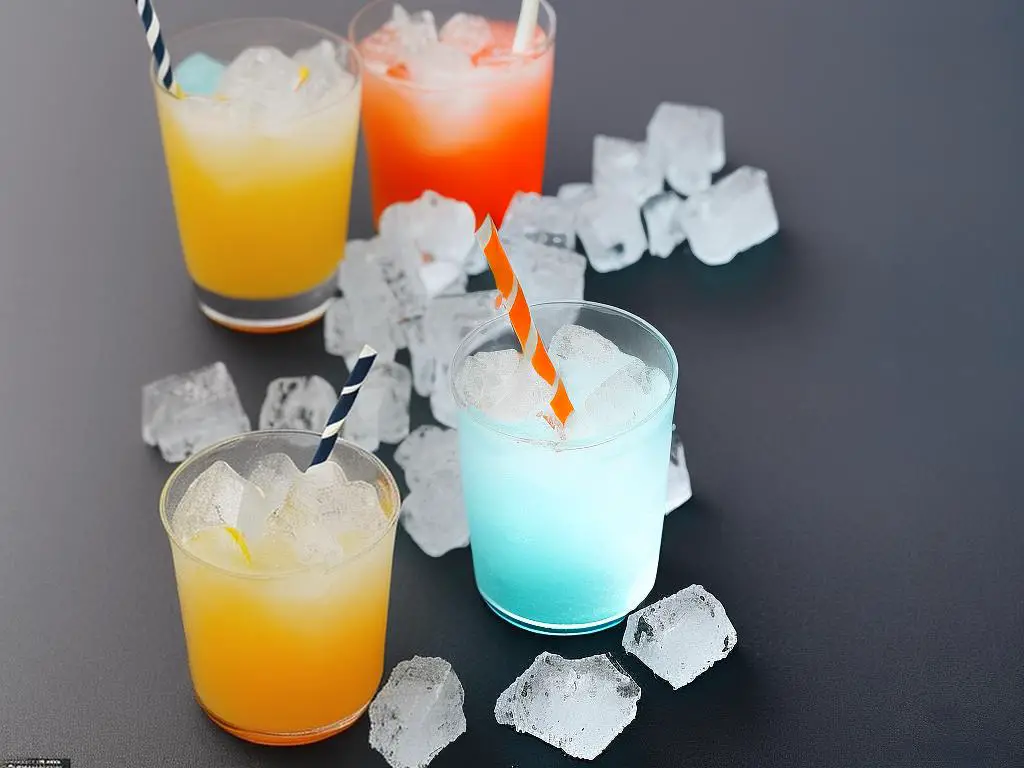 A cup filled with an icy, slushy drink, topped with ice and two straws. It has a yellowish-orange color, which suggests it has fruit juice as one of its ingredients.