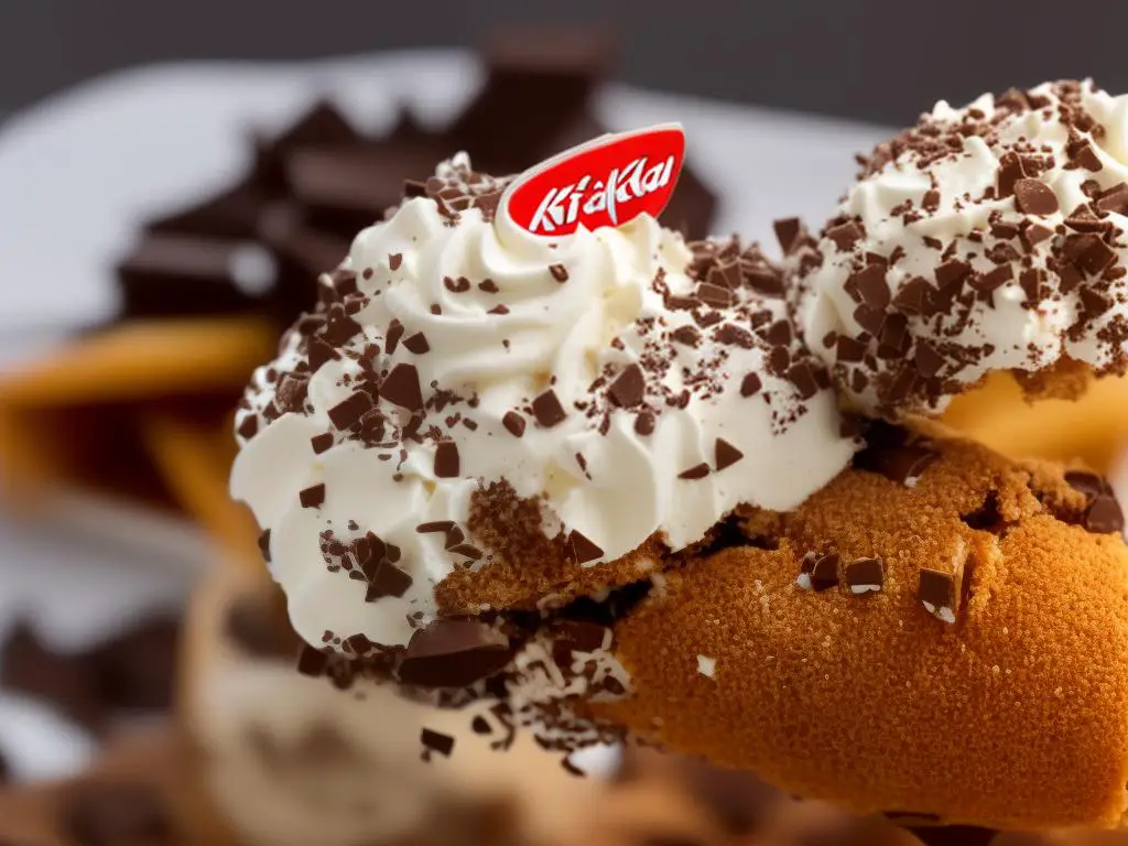 A photo of the KitKat Cone, a dessert available at McDonald's locations in Uruguay, consisting of soft-serve vanilla ice cream in a cone, topped with crushed KitKat chocolate pieces and chocolate sauce.