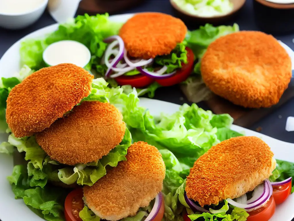 The image shows a sandwich composed of a crispy breaded chicken fillet, fresh lettuce, tomatoes and onions. It has a unique sauce with a tangy, zesty flavour that complements the crunchiness of the chicken and the crispness of the vegetables. The sandwich is served in a fluffy, toasted bun.