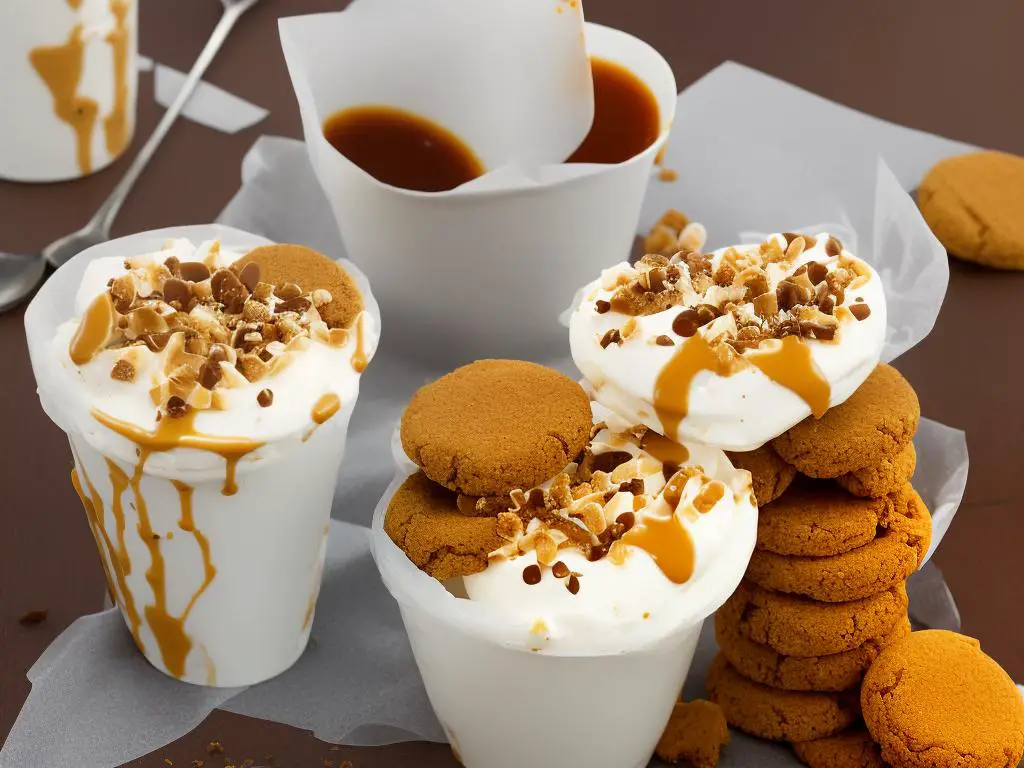 A photo of the Lotus McFlurry served in a McDonald's restaurant in Saudi Arabia - soft serve ice cream topped with crumbled Lotus Biscoff biscuits and a swirl of caramel sauce, served in a clear plastic cup.