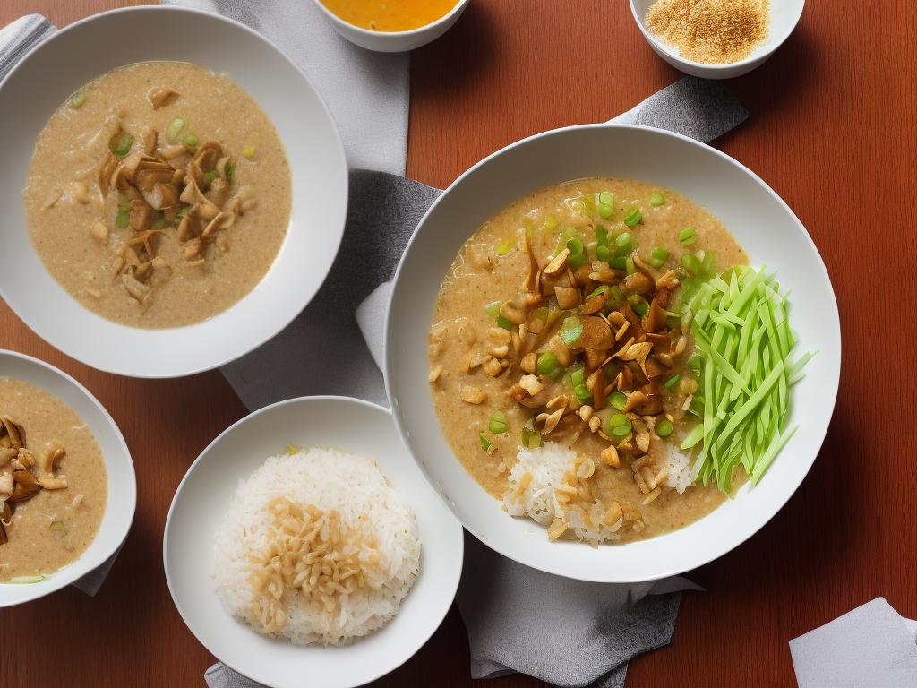 A photo of McDonald's Bubur Ayam, which is a simple, comforting concoction of rice porridge with diced chicken, chopped spring onions, sliced ginger, fried shallots and diced chillies. This traditional dish is a menu item found in McDonald's Malaysia that has gained immense popularity among fast-food lovers in the country.