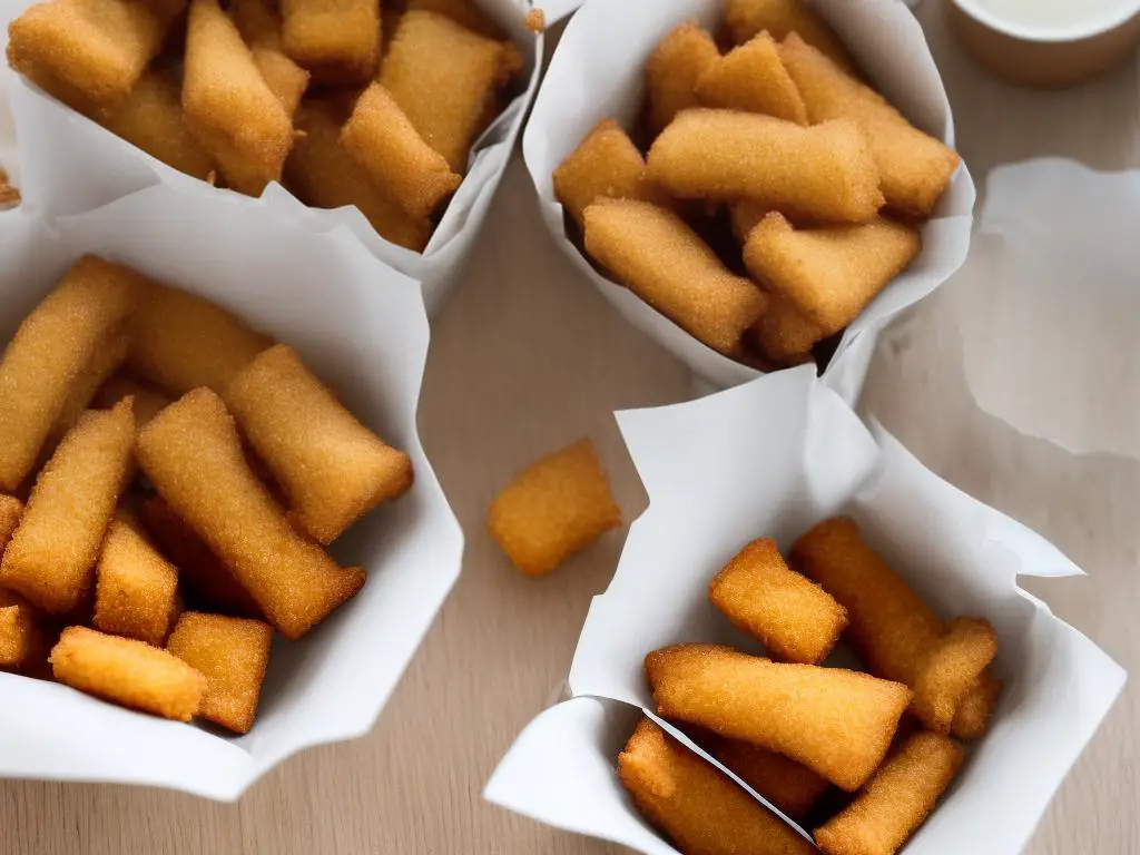 A close-up image of McDonald's China's Crispy Youtiao snack served in a white takeout style box with the crumbs at the bottom.