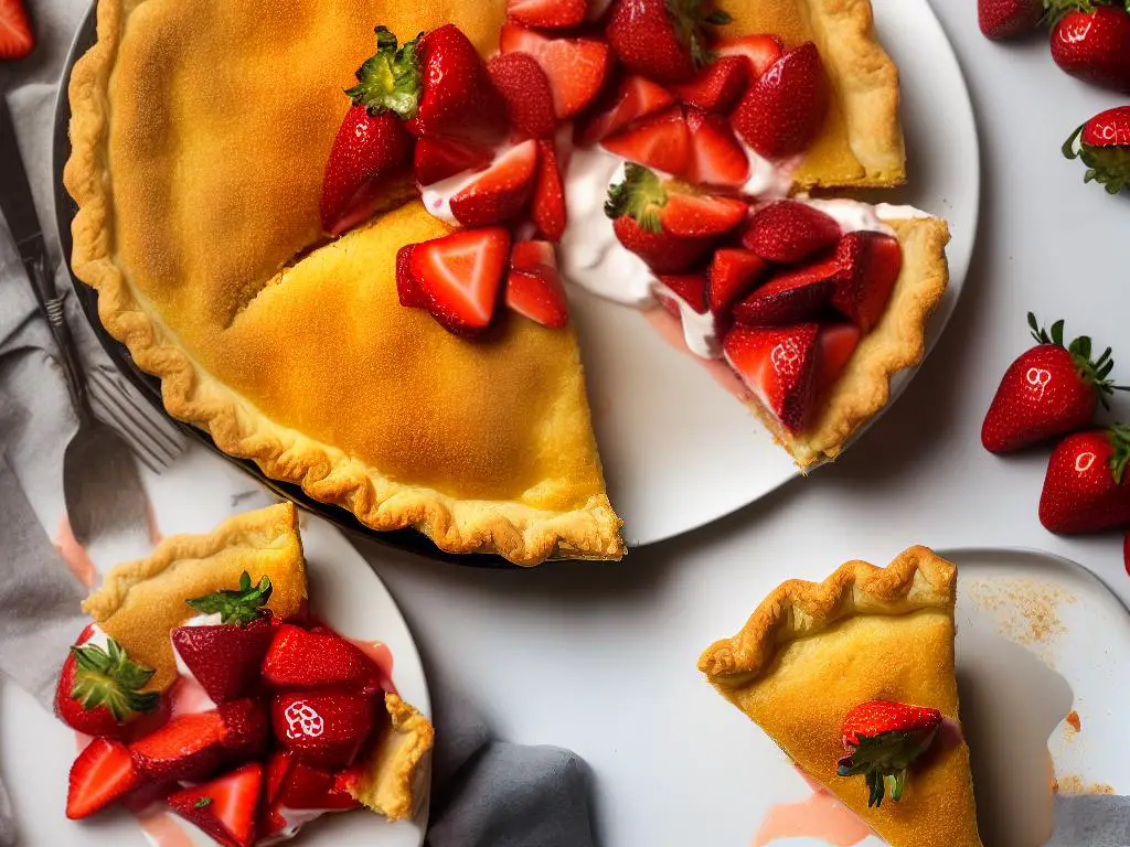 A picture of a McDonald's Egypt Strawberry Custard Pie with a deep-fried pastry crust, topped with a luscious custard filling and sliced strawberries.