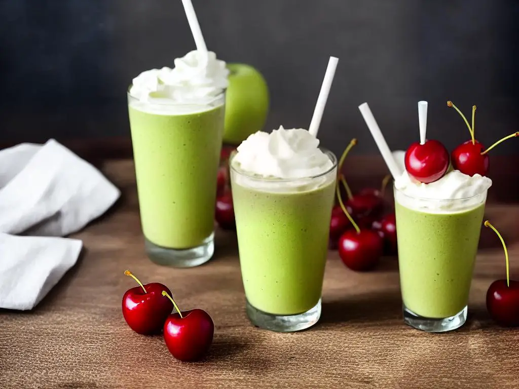 A picture of a green apple shake from McDonald's with whipped cream and a cherry on top, sitting next to a straw and an empty cup.