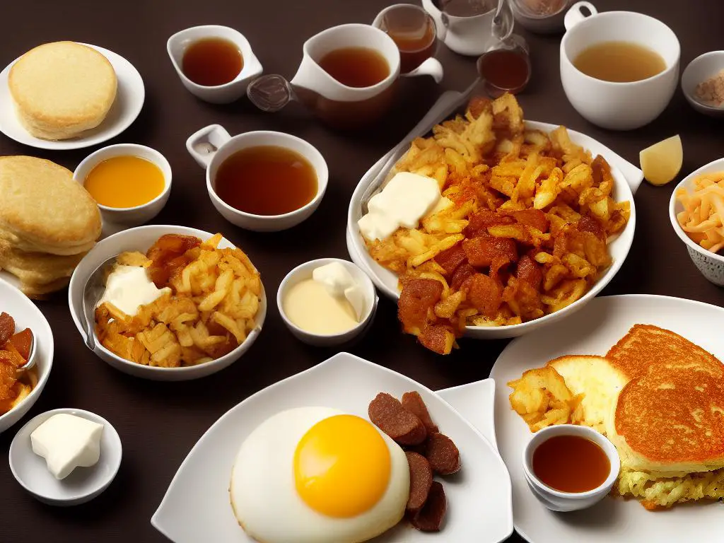 A photo of the McDonald's Hong Kong Jumbo Breakfast meal. It includes scrambled eggs, sausage, toasted English muffins, hash browns, hotcakes with syrup and butter, and a hot beverage.