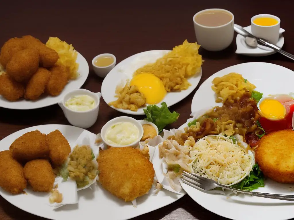 A photograph of McDonald's Malaysia Big Breakfast meal with freshly toasted muffin, premium chicken roll, hash brown, and a portion of scrambled eggs