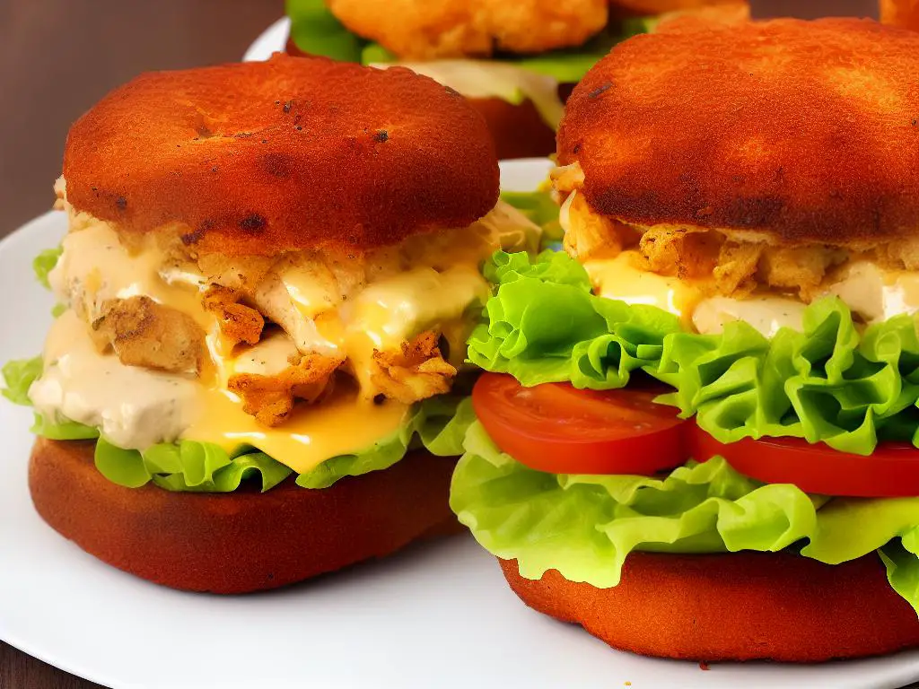 A picture of a delicious McDonald's chicken sandwich called Le Chicken Mythic with lettuce and tomato slices, cheese, crispy and tender chicken fillet and a focaccia-like bun.