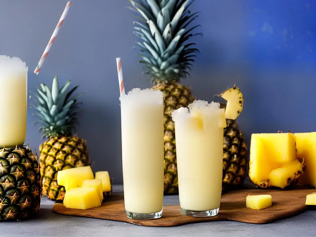 A cold and fizzy glass of McFizz Pina Colada with slices of pineapple and coconut on top. This drink is made with a blend of pineapple and coconut flavours.