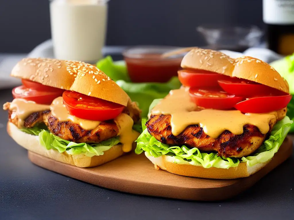 A picture of the McDonald's NZ Grilled Chicken Almighty sandwich consisting of a grilled chicken patty, lettuce, tomato, cheese, bacon, and the almighty sauce.