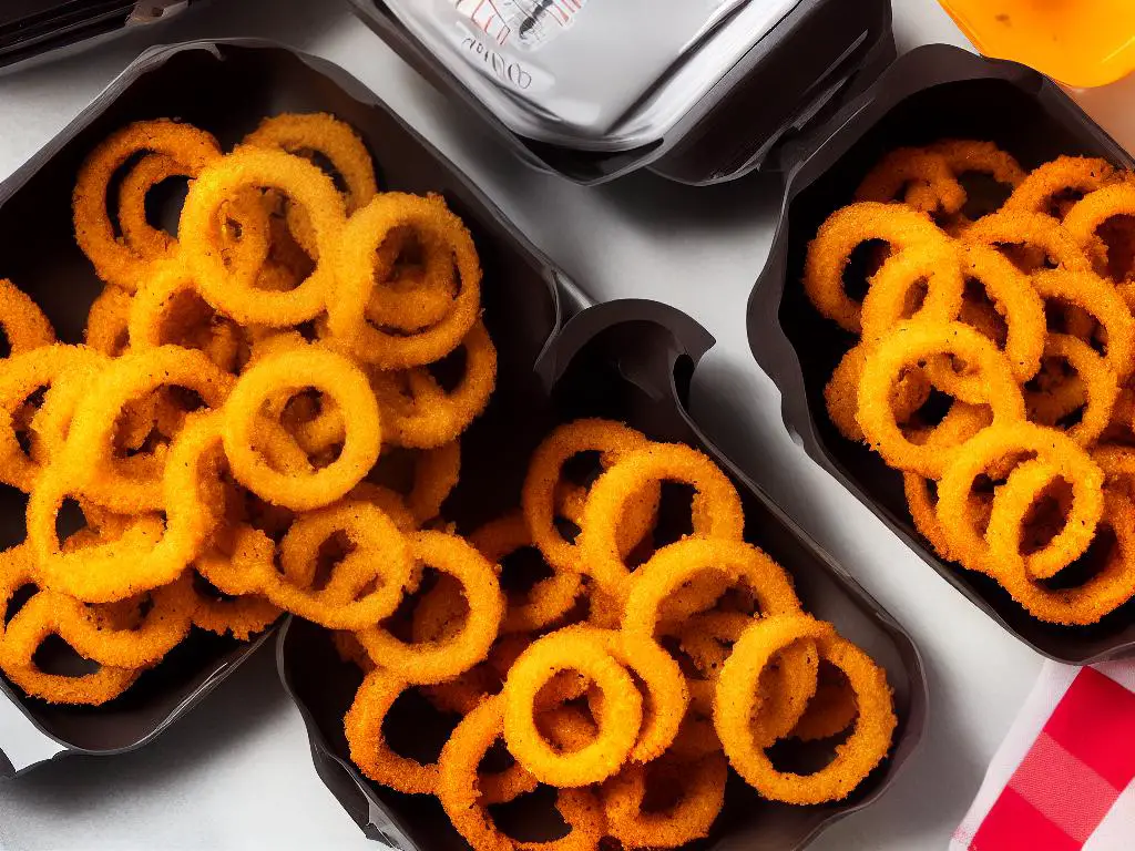 A picture of McDonald's Onion Rings in a red container, crispy exterior with golden color and viewed from the top.