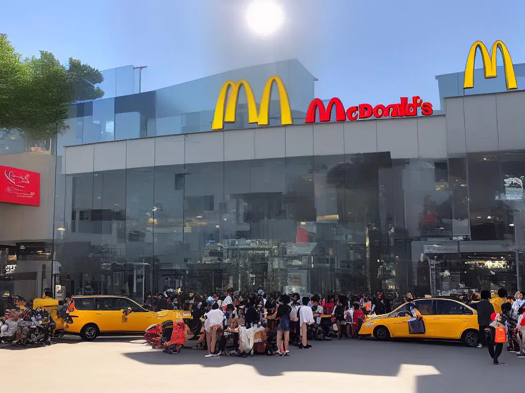 A picture of the McDonald's sign in South Korea with a crowded outdoor seating area in front of it.
