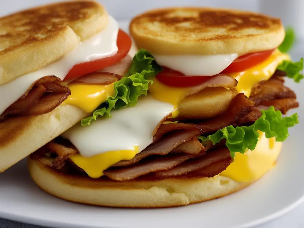 A photo of the McDonalds Sweden's Breakfast Sandwich with Cheese and Ham, showing the English muffin, cheese, and ham stacked together and cut in half, ready to be eaten.