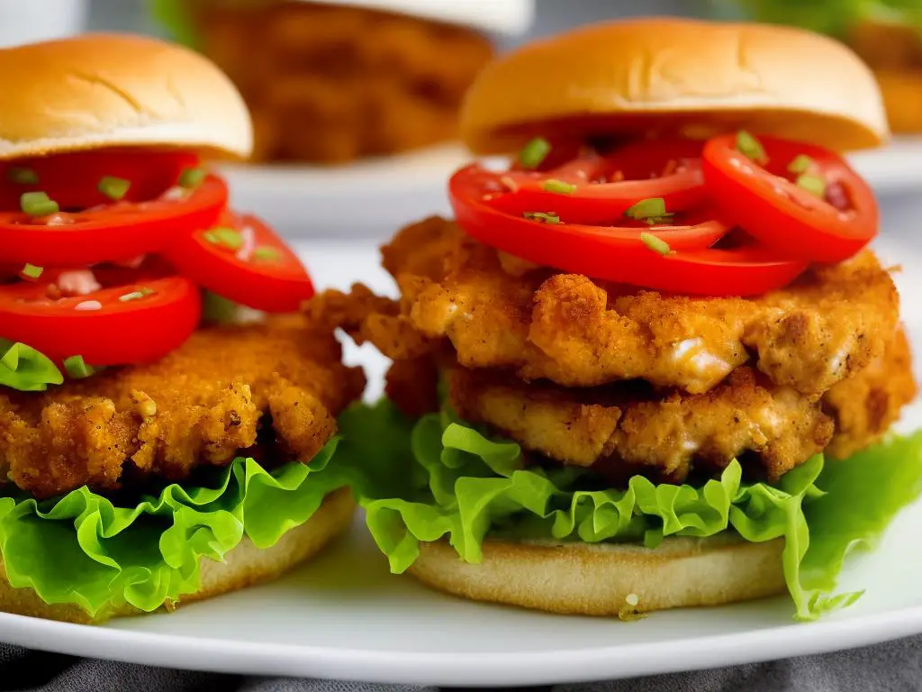 A Chicken Salsa Burger with crispy breaded chicken fillet, tomatoes, lettuce, and melted mild cheddar cheese, served on a soft, toasted burger bun.