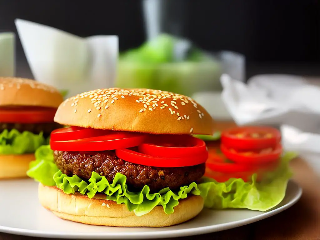 A photo of the Veggie El Maco burger from McDonald's. It's a plant-based burger with a thick patty made from a blend of pea protein, rice protein, and potato protein. It's served with a tangy sauce made from a blend of tomatoes, red bell peppers, jalapenos, and spices, along with lettuce, tomato, and onion. The burger is topped with a sesame seed bun.