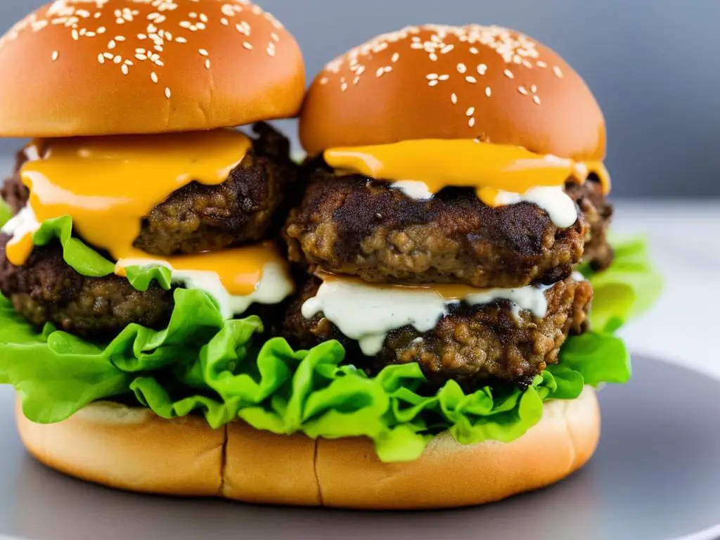 A delicious looking burger with a fried chicken drumstick sticking out from between the bun halves, accompanied by lettuce and mayonnaise.