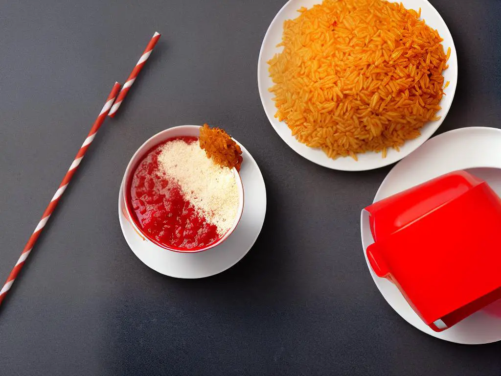 A close-up image of a plate of McD's Uduk Rice next to a bright red cup with a straw standing out in the background.