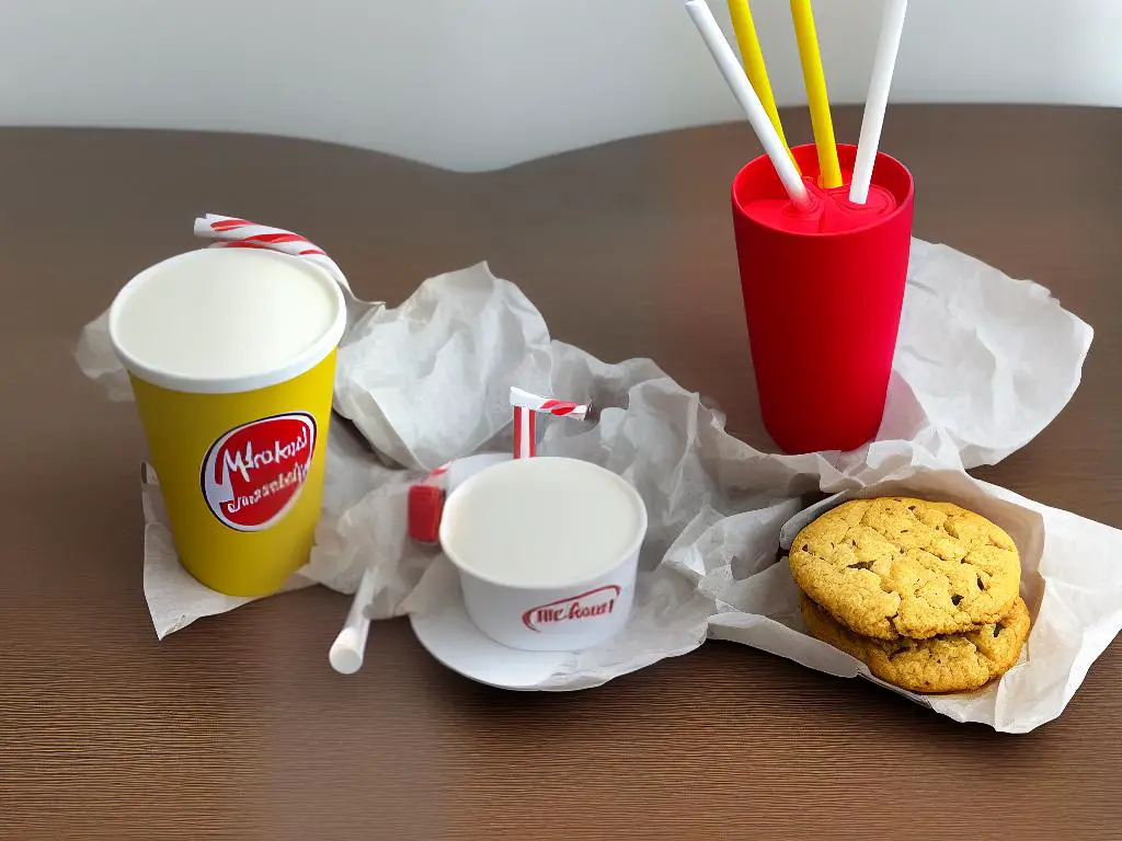 A McShake KitKat cup on a table with a straw beside it