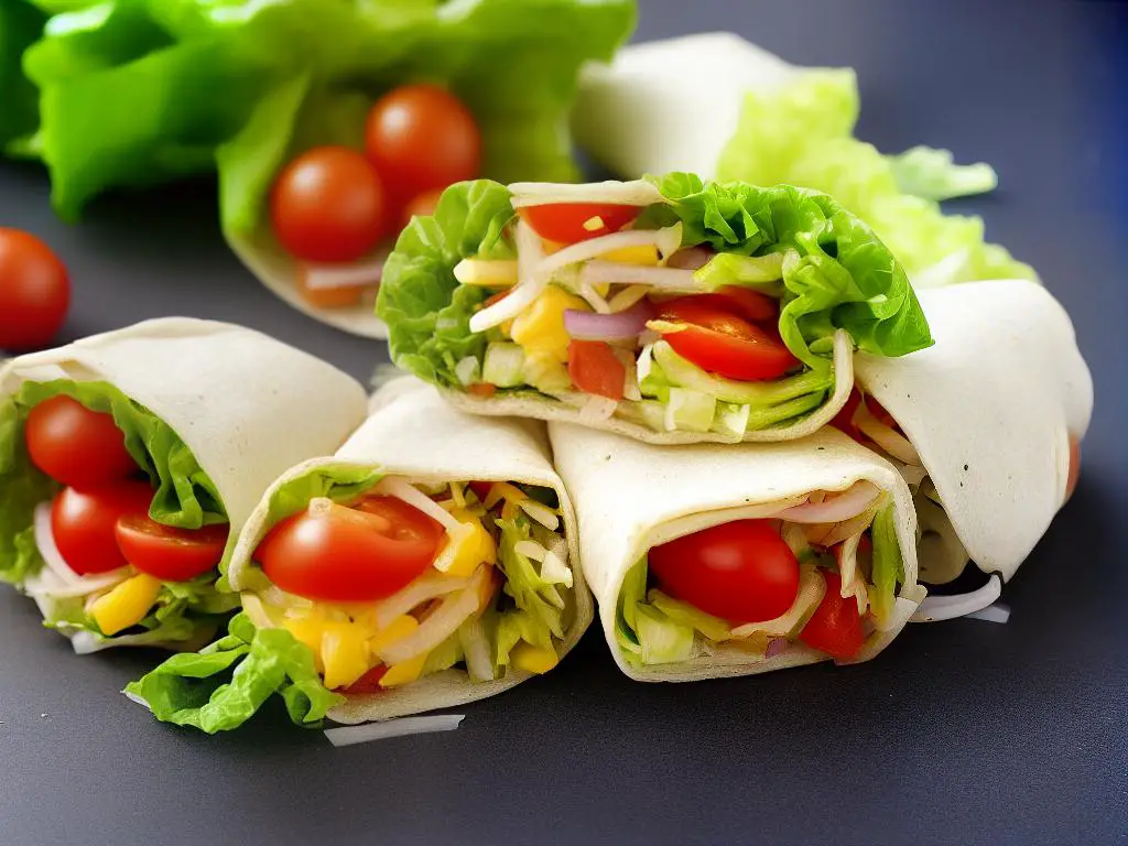 The image shows a McDonald's wrap with lettuce, tomatoes, and onion.