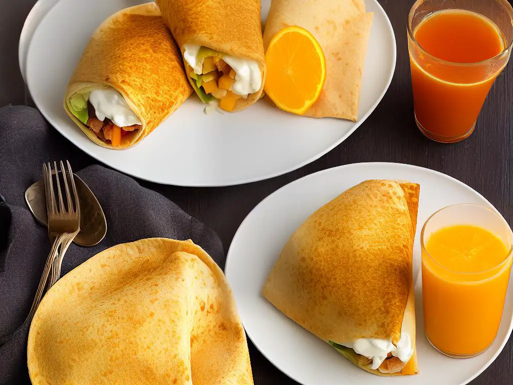 A picture of the McDonald's Egypt Egg and Cheese Wrap on a white plate with a glass of orange juice next to it.