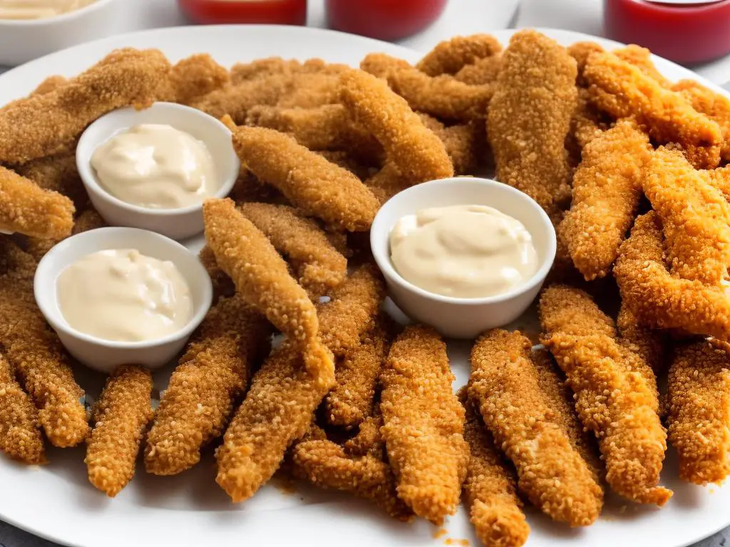 A plate of McDonald's chicken fingers with fries and dipping sauces on a tray