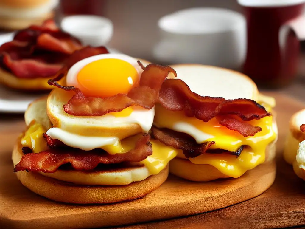 The Mega McMuffin consists of two sausage patties, cheese, bacon, and an egg served on a toasted English muffin.