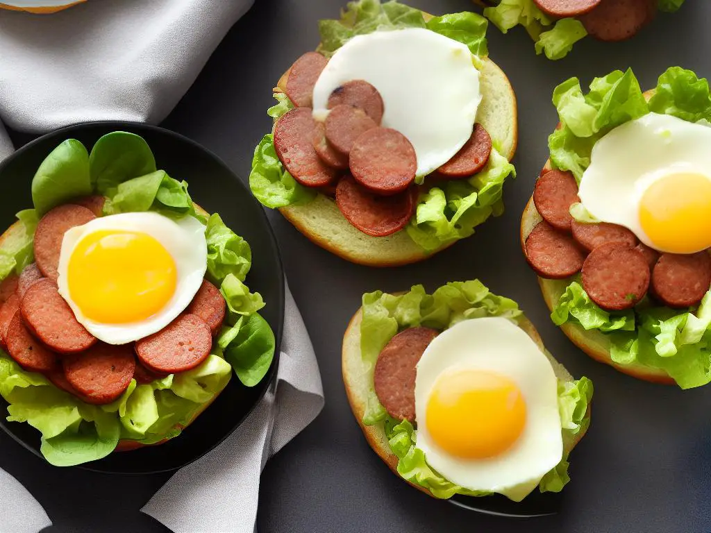 The image shows a delicious breakfast sandwich with egg, sausage, cheese, and lettuce on an English muffin.