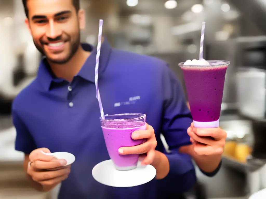 A McDonald's employee holding a cup of Purple McShake with whipped cream 