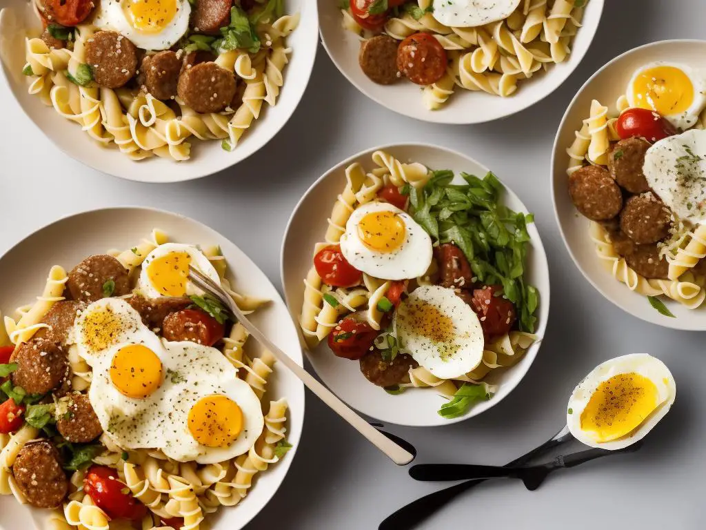 Image of a McDonald's Sausage N’ Egg Twisty Pasta dish with twisty pasta noodles, fluffy scrambled eggs, and juicy sausage served in a bowl with a spoon and chopsticks on the side.