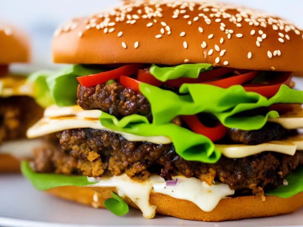 A picture of the Spicy Shanghai Burger. It is a hamburger with lettuce, red onion, cheese, a crispy chicken patty, and a spicy sauce, all on a sesame seed bun.