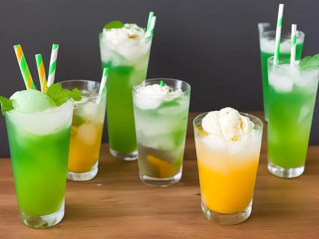 A tall clear glass filled with the Sprite X Mango McFloat, topped with a big scoop of ice cream, sliced mangoes, and Sprite soda can with a few green straws beside it on a sleek wooden table.