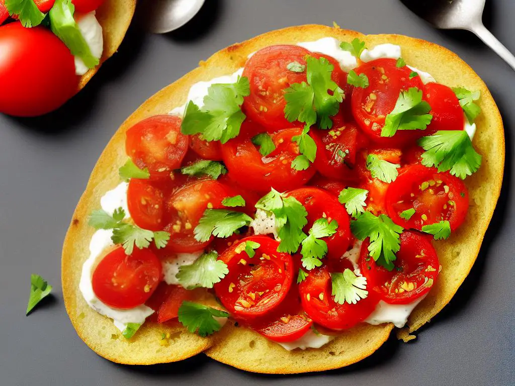 A picture of a slice of bread with tomato and olive oil topping on it, which is known as Tostada con Aceite y Tomate in Spain.