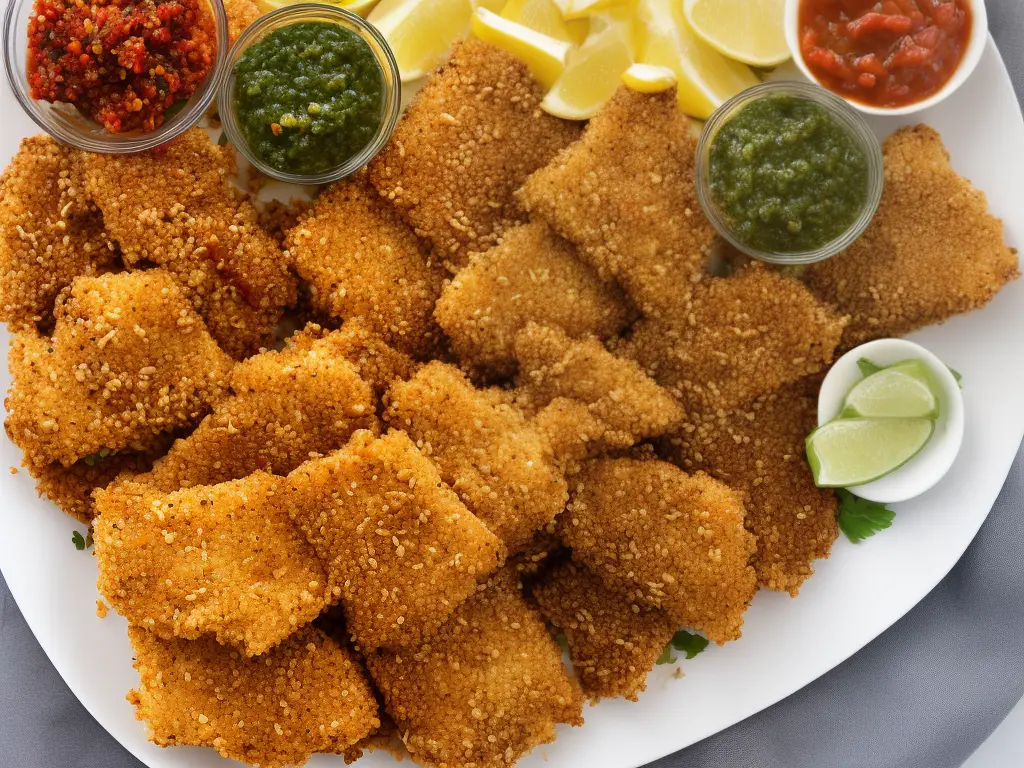 An image of a plate of breaded fish served with a variety of sauces and seasonings from around the world, including a bright yellow chili pepper, green chimichurri sauce, Japanese tempura, basil, sundried tomatoes, olives, Middle Eastern spices like za'atar, sumac or baharat, and sesame seeds.