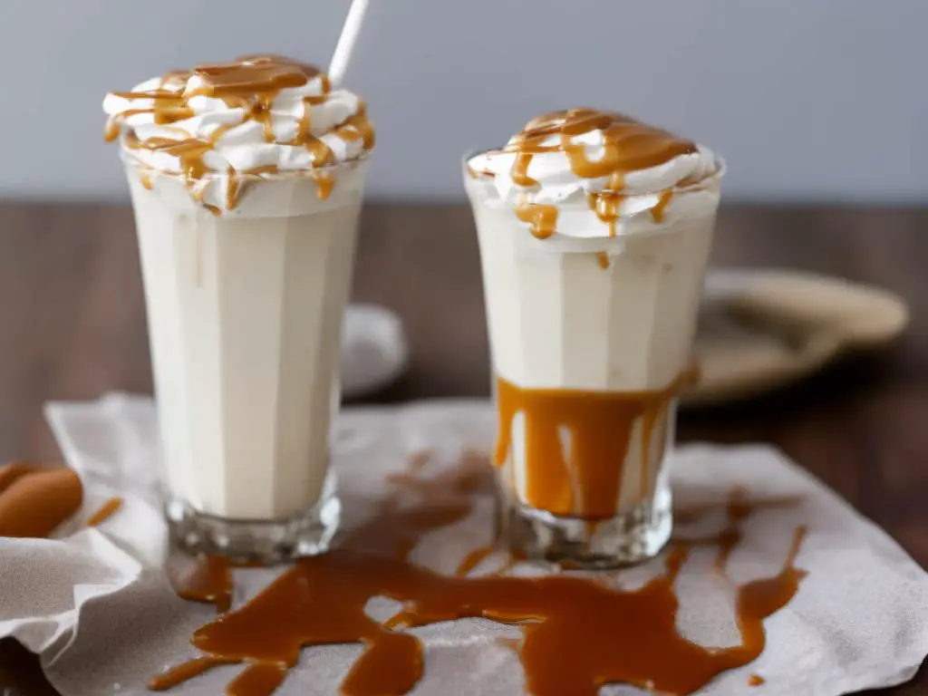 A glass filled with a light brown milkshake, topped with whipped cream and a drizzle of caramel sauce. The glass is resting on a white surface with a soft blur in the background.